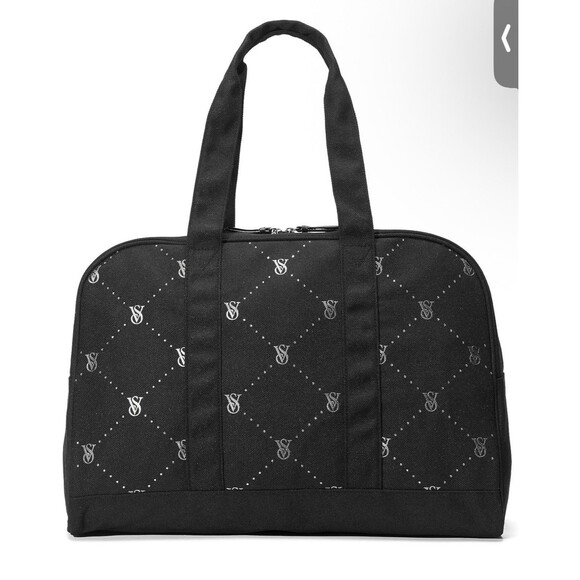 Victoria's Secret VS Logo Large Weekender Black Quilted Tote Zip Duffle Bag NEW - Picture 5 of 13